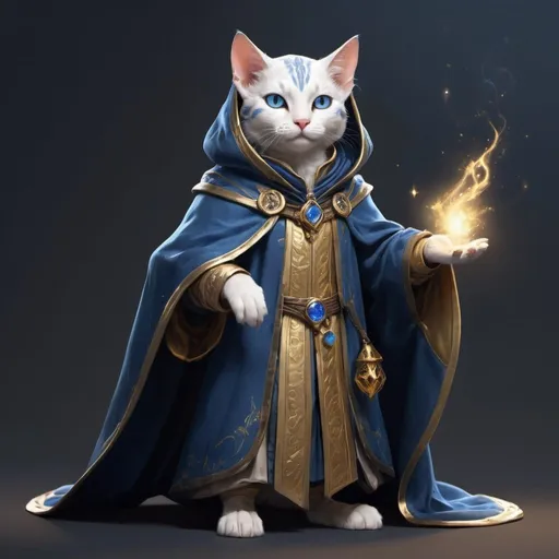 Prompt: high resolution, high fantasy, tiny anthropomorphic cat, Spellcaster, fine clothing, a blue gold cloak,
