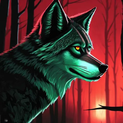 Prompt: sci fi light red wolf with accents of black detailed in a bright green forest good lighting