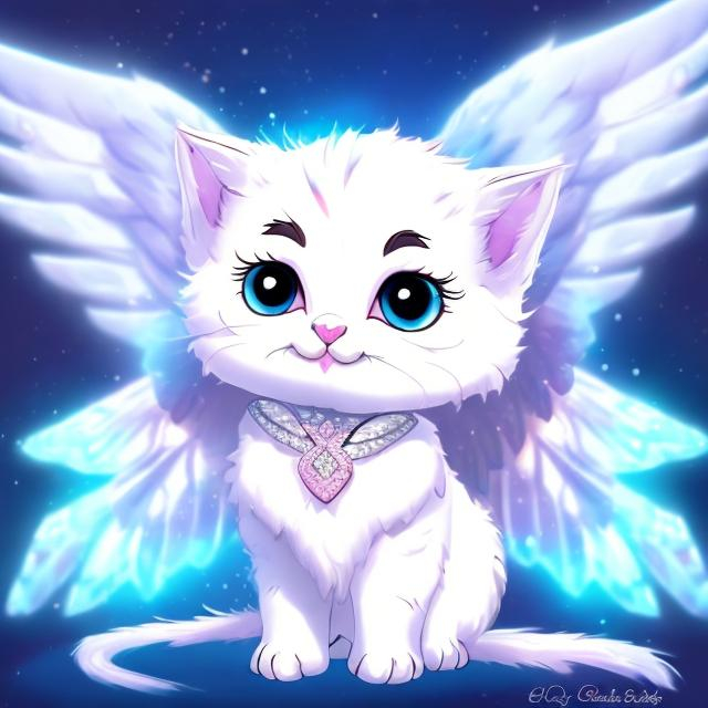 Prompt: a whit kitten with diamond gems on it and wings