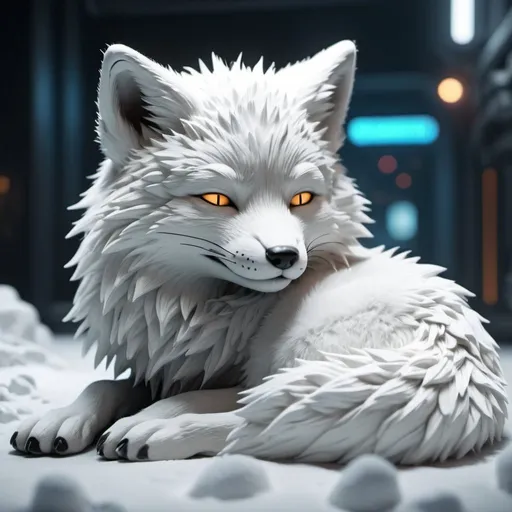 Prompt: Highly detailed white foxpunk scene cub sleeping, hyper-realistic 4K rendering, volumetric lighting, HD quality, futuristic cityscape backdrop, mechanical feline with intricate joints and circuit patterns, cool-toned futuristic atmosphere, detailed fur with lifelike textures, cyberpunk aesthetic, ultra-detailed, volumetric lighting, professional rendering, HD, 4K gold eyes sleeping fluffy the foxpunk is in the (artic) so lots of snow
