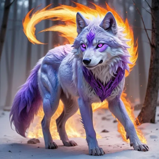 Prompt: fire elemental ninja wolf, feral wolf, kitsune, nine-tailed wolf, fire lilac fur, bright rainbow purple aurora eyes, periwinkle purple ears, frost, falling fire, shattered fire, soft moonlight,stunning youthful vixen, gazing at viewer, gorgeous, muscular forelegs, athletic, agile, small but absurdly powerful, enchanting, timid
ninja wolf