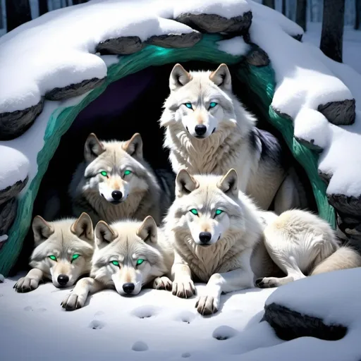 Prompt: white blue and purple wolf pack with some wolves sleeping in a wolf  den' on snow fluffy detailed hyper realistic the wolves have light blue and green eyes bright glow in the lighting