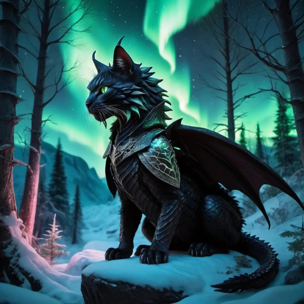 Prompt: wild cat dragon waring a black cloak warrior siting in hyper realistic fantasy forest future seen with northern lights above the wild cat waring a cloak warrior the wild cat dragon has two dragon wings cute detailed
