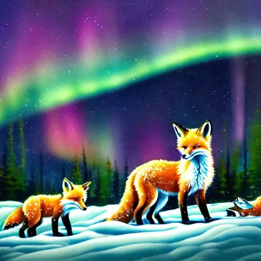 Prompt: a fox and its cubs washing the northern lights lots of detail