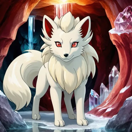 Prompt: portrait of a beautiful Ninetales, with glistening gold fur and deep crimson eyes, in a crystal cave with a crystal waterfall in the background, gorgeous, warm, stunning, pokemon Ninetales, ice fox
