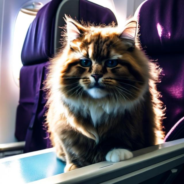 Prompt: a fluffy cat on an airplane 