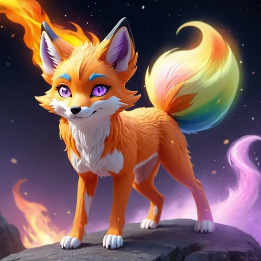 Prompt: fire elemental fox, feral fox, kitsune, nine-tailed fox, firey lilac fur, bright rainbow orang aurora eyes, periwinkle yellow ears, fire, falling fire, shattered coul, soft moonlight,stunning youthful vixen, gazing at viewer, gorgeous, muscular forelegs, flowing aurora hair, athletic, agile, small but absurdly powerful, enchanting, timid
