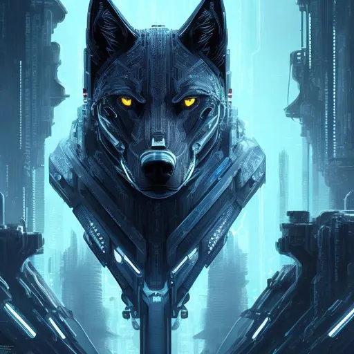 Prompt: Detailed futuristic illustration of a sleek black wolf, shades of blue accents, sci-fi setting, cybernetic enhancements, intense and piercing gaze, high-tech elements, ultra-detailed, sci-fi, cool tones, cyberpunk, futuristic, detailed fur, futuristic design, professional, atmospheric lighting
