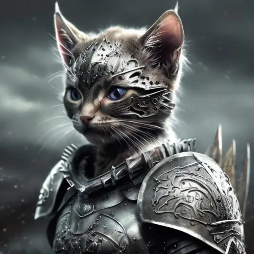 Prompt: Detailed warrior kitten in gray armor, intense and fierce expression, medieval fantasy style, metallic texture with intricate engravings, battle scars, high quality, ultra-detailed, medieval fantasy, intense gaze, fierce warrior, intricate details, gray armor, battle scars, fierce expression, professional lighting