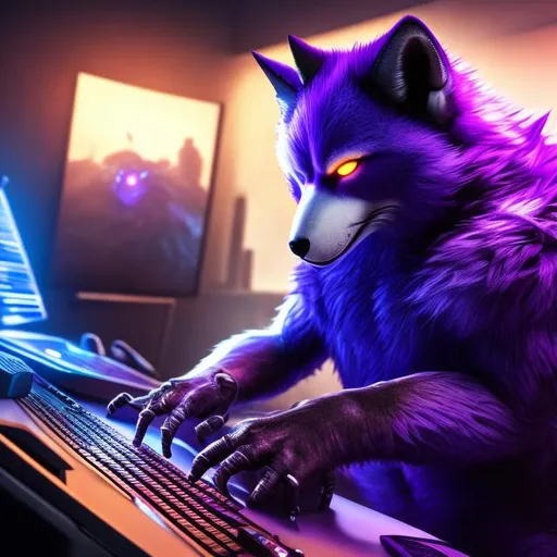 Prompt: Purple fox playing video games, detailed fur with cool reflections, intense and focused gaze, high-tech gaming setup, futuristic virtual reality environment, cool tones, highres, ultra-detailed, furry, professional, atmospheric lighting