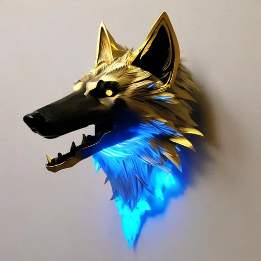 Prompt: bright gold sci fi wolf head with accents of light blue