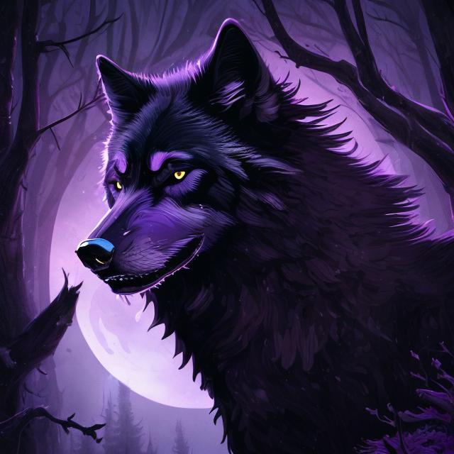 Prompt: Detailed highres illustration of a majestic black wolf, cool purple accents, realistic fur details, intense and piercing gaze, mystical forest setting, moonlight casting a purple glow, best quality, detailed fur, cool tones, atmospheric lighting