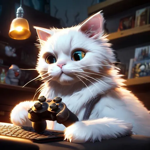 Prompt: Detailed, high-res illustration of a white cat playing video games, realistic digital art, cozy and warm atmosphere, intense concentration, realistic fur and whiskers, detailed controller, soft lighting, high quality, realistic, cozy atmosphere, detailed fur, gaming, intense focus, realistic lighting, white cat