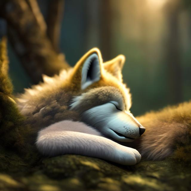 Prompt: Gold wolf cub sleeping in a forest, highly detailed, realistic, warm lighting, delicate fur, golden hues, forest landscape, serene atmosphere, high quality, detailed, realistic, nature, wildlife, gold tones, peaceful