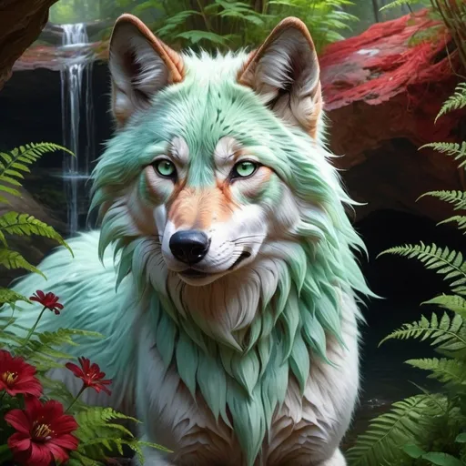 Prompt: portrait of a stunning beautiful wolf with {shiny garnet and crimson fur} and {intricately detailed 8k mint green eyes}, feral wolf, quadruped, young vixen, kitsune, nine-tailed wolf, beautiful 8k eyes, elegant {crimson and garnet fur}, fine oil painting, stunning, gorgeous, back view, gazing at viewer, wind element, beaming green eyes, (raised tail:2.5), glistening scarlet fur, surrounded by flowers and ferns, draped in ferns, 64k, hyper detailed, expressive, witty, graceful, beautiful, expansive silky mane, crystal mountain cave, secluded crystal lake, crystal waterfall, golden ratio, precise, perfect proportions, vibrant, standing majestically on a tall crystal stone, hyper detailed, complementary colors, UHD, HDR, top quality artwork, beautiful detailed background, detailed pixel art bright light blue  (water fall)
