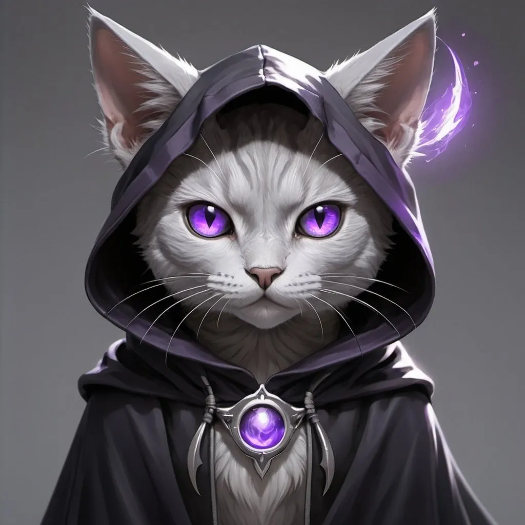 Prompt: silver cat with a black cloak black hood over its head its cat ears are pokeing out of the hood and you can see its glowing purple eyes dragon wings on the gray cat
