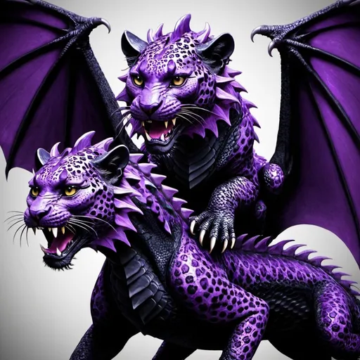Prompt: two purple leopards ridding a black dragon two dragon wings and the black dragon looks like a dragon the two purple leopards look like leopards detailed