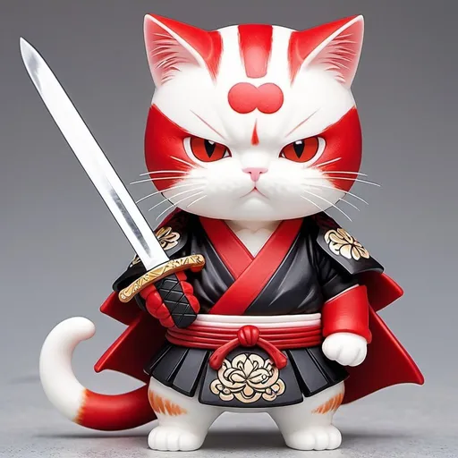 Prompt: A red and white cat wearing a black samurai outfit. Has a scar on face. Anime style, holding sword at the hilt hyper realistic
