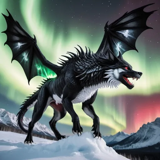 Prompt: black and white dragon wolf with black two wings with a accent of white and one black tail with red spikes the dragon wolf is flying in the sky with the northern lights in the sky too  hyper realistic good lighting