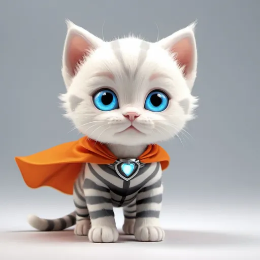 Prompt: white kitten with gray stripes orange cape with glowing blue eyes body floating animie