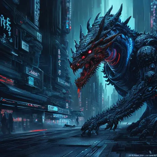 Prompt: Sci-fi dark blue dragon, glowing black accents, detailed scales, high-tech cybernetic elements, menacing and powerful, intense and focused gaze, futuristic cityscape backdrop, best quality, ultra-detailed, sci-fi, cyberpunk, detailed scales, powerful, menacing, futuristic, intense gaze, atmospheric lighting