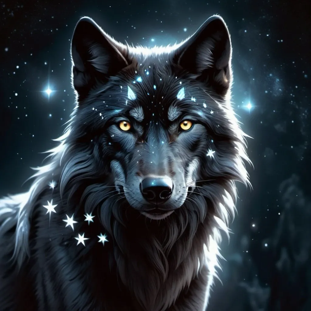 Prompt: Black wolf with glowing white stars, mystical fantasy theme, highres, detailed fur, atmospheric lighting, fantasy, mystical, detailed eyes, sleek design, professional, glowing stars, cool tones, detailed fur, atmospheric lighting