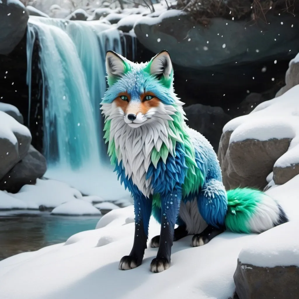 Prompt: blue and green fluffy fox in the snow at a waterfall with crystals around it good lighting detailed anima