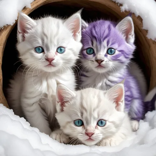 Prompt: white blue and purple kitten pack with some kittens sleeping in a cat den' on snow fluffy detailed hyper realistic the kittens have light blue and green eyes bright glow in the lighting