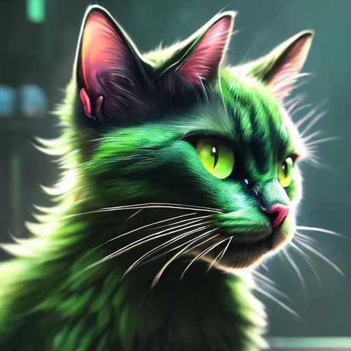 Prompt: Detailed green cat gaming, vibrant and realistic digital painting, sleek and modern gaming setup, ultra-detailed fur with green highlights, intense and focused gaming expression, high-tech gaming peripherals, lush greenery in the background, best quality, highres, ultra-detailed, digital painting, realistic, gaming, vibrant tones, sleek design, professional, atmospheric lighting