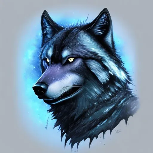 Prompt: sci fi black wolf with accents of blue detailed