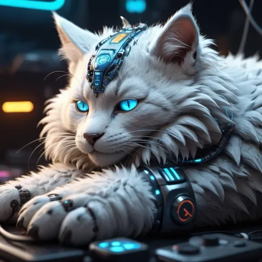 Prompt: Highly detailed phoenixpunk scene cub sleeping, hyper-realistic 4K rendering, volumetric lighting, HD quality, futuristic cityscape backdrop, mechanical feline with intricate joints and circuit patterns, cool-toned futuristic atmosphere, detailed fur with lifelike textures, cyberpunk aesthetic, ultra-detailed, volumetric lighting, professional rendering, HD, 4K blue eyes sleeping fluffy still colorful (playing video games) and electricity around its paws or in the air