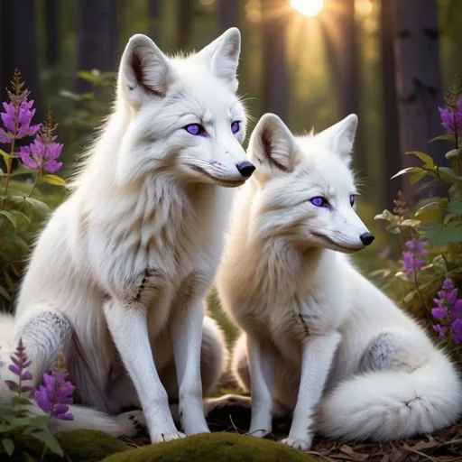 Prompt: Detailed illustration of a majestic white foxes with accents of purple and blue white foxes and two cubs in a lush forest clearing at sunset, warm and vibrant color tones, high quality, realistic, detailed fur, serene atmosphere, focused mother  white foxes, peaceful sunset, sleepy cub, sitting cub, forest setting, natural lighting lots of flowers around the white foxes all of the white foxes have accents of purple and blue and gold eyes the white foxes (bright lighting) no trees blocking the sunset