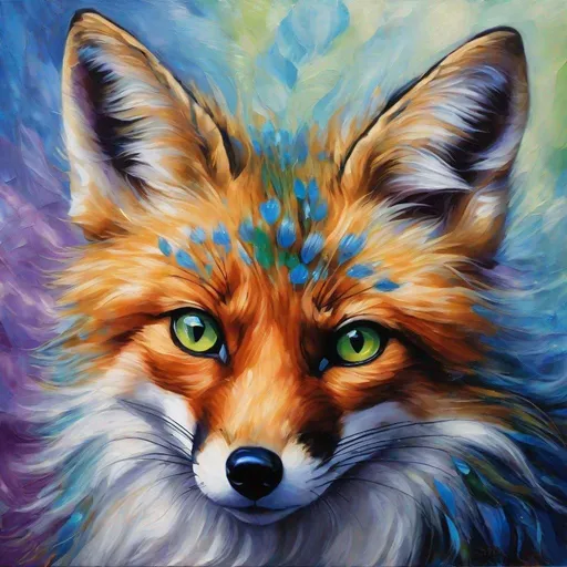 Prompt: detailed oil portrait of a stunning beautiful fox with {steal and lapis and some purple fur} and {sunlit silver eyes}, tortie fox, nine-tailed fox, vitiligo fur, nine fluffy green and silver tails, blue nose, feral, kitsune tails, quadruped, tom fox, Warrior foxes by Erin Hunter, gorgeous anime portrait, intense cartoon, beautiful 8k silver eyes, kitsune, nine-tailed fox, ice element, detailed fine fur, fine oil painting, stunning, gorgeous, gazing at viewer, beaming eyes, lake shore sunrise, perfect reflection, shimmering, professional shading, sharply focused purple clouds, highly detailed cliffs in foreground, brilliant sunrise on silver sky, (horizontal background), 64k, hyper detailed, expressive, clever, beautiful, thick silky mane, golden ratio, symmetric, accurate anatomy, precise, perfect proportions, vibrant, standing majestically on a mountain, hyper detailed, complementary colors, UHD, HDR, top quality artwork, beautiful detailed background, unreal 5, artstaion, deviantart, instagram, professional, masterpiece
