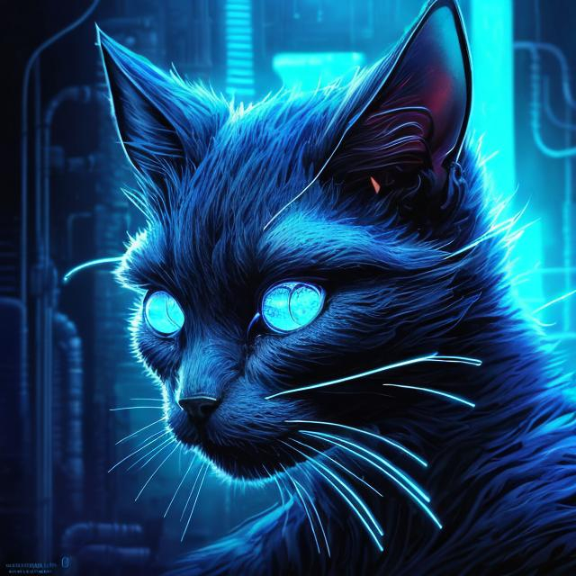 Prompt: Detailed sci-fi illustration of a dark blue cat accents of light blue, futuristic setting, glowing neon lights, detailed fur with cool reflections, intense and focused gaze, high-tech cybernetic enhancements, best quality, highres, ultra-detailed, sci-fi, futuristic, detailed fur, intense gaze, cybernetic enhancements, cool tones, atmospheric lighting