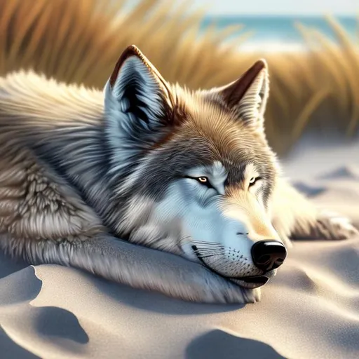 Prompt: Detailed red and white wolf sleeping on the beach, high quality, digital art, realistic fur texture, serene beach setting, calming atmosphere, warm natural lighting, sandy dunes, relaxing, animal, wildlife, red and white fur, detailed fur, peaceful, coastal, realistic, highres, serene atmosphere, digital painting, tranquil, detailed