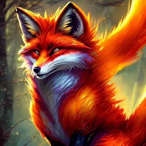 Prompt: Magical fire fox, digital painting, vibrant and fiery colors, mystical forest setting, intense and powerful gaze, translucent fiery fur, mystical, high quality, detailed, fantasy, ethereal, fiery, magical, vibrant colors, mystical forest, intense gaze, digital painting, powerful, translucent fur, professional, atmospheric lighting