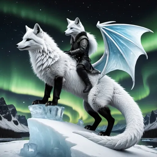 Prompt: black and white fox riding a ice dragon with some ice and northern lights detailed hyper realistic the black and white fox and the ice dragon are in the sky the ice dragon has wings and a dragon tail make sure it has two dragon wings and one tail the black and white fox is riding the dragon there should be no red orange or yellow. northern lights in the sky
