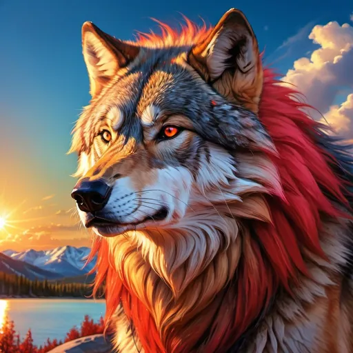 Prompt: champion prodigy wolf with (bright crimson fur) and {amber eyes}, feral, gorgeous anime portrait, 2d cartoon, (fire) element, flame, beautiful 8k eyes, fine oil painting, intense, wearing shiny bracelet, low angle view, (unsheathed claws), visible claws, 64k, fine colored pencil, head turned toward viewer, hyper detailed, expressive, graceful, plump, glistening silky mane, fiery colors, windstorm, colorful stones, vast open sky, glistening black fur highlights, sitting on hilltop, golden ratio, intricate detailed fur, precise, perfect proportions, vibrant, at a sun-bathed lake, hyper detailed, complementary colors, UHD, HDR, top quality artwork, beautiful detailed background, unreal 5, artstaion, deviantart, instagram, professional, masterpiece lots of fire around the wolf

(make sure its a wolf and it has lots of (fire) around the wolf