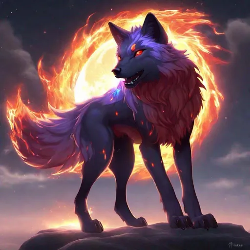 Prompt: fire elemental male wolf, feral vixen, kitsune, nine-tailed wolf, flame lilac fur, bright rainbow orang red mixed aurora eyes, periwinkle black ears, flame, falling coals, shattered fire, soft moonlight,stunning youthful vixen, gazing at viewer, gorgeous, muscular forelegs, flowing aurora hair, athletic, agile, small but absurdly powerful, enchanting, timid hyper realistic
