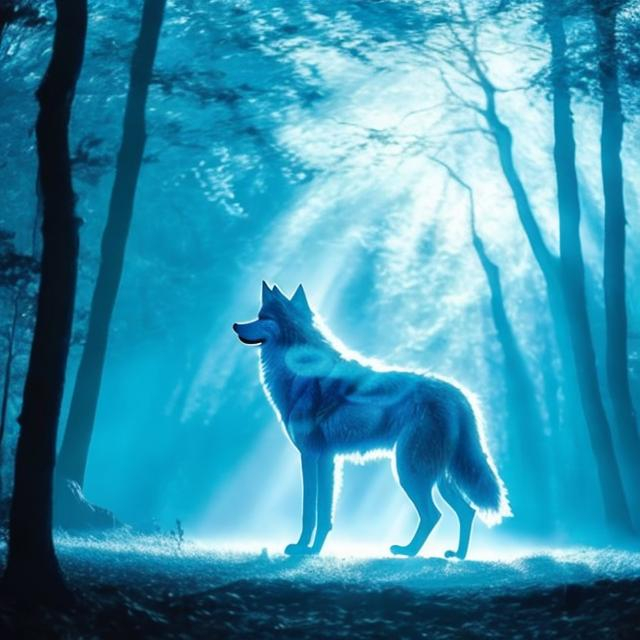 Prompt: a wolf made of light blue water in the forest