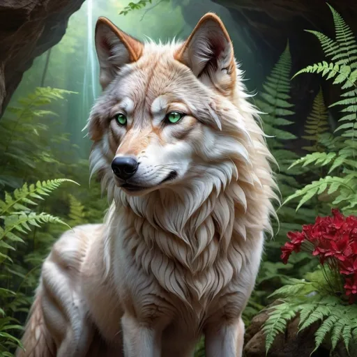 Prompt: portrait of a stunning beautiful wolf with {shiny garnet and crimson fur} and {intricately detailed 8k mint green eyes}, feral wolf, quadruped, young vixen, kitsune, nine-tailed wolf, beautiful 8k eyes, elegant {crimson and garnet fur}, fine oil painting, stunning, gorgeous, back view, gazing at viewer, wind element, beaming green eyes, (raised tail:2.5), glistening scarlet fur, surrounded by flowers and ferns, draped in ferns, 64k, hyper detailed, expressive, witty, graceful, beautiful, expansive silky mane, crystal mountain cave, secluded crystal lake, crystal waterfall, golden ratio, precise, perfect proportions, vibrant, standing majestically on a tall crystal stone, hyper detailed, complementary colors, UHD, HDR, top quality artwork, beautiful detailed background, detailed pixel art
