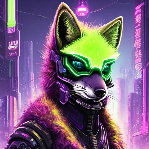 Prompt: High-res, detailed sci-fi illustration of a sleek purple fox, vibrant lime accents, futuristic cyberpunk setting, advanced holographic interface, intricate fur with neon highlights, intense and intelligent gaze, high-tech collar, city lights casting a surreal glow, high-tech, futuristic, cyberpunk, detailed fur, vivid colors, intense gaze, professional, atmospheric lighting