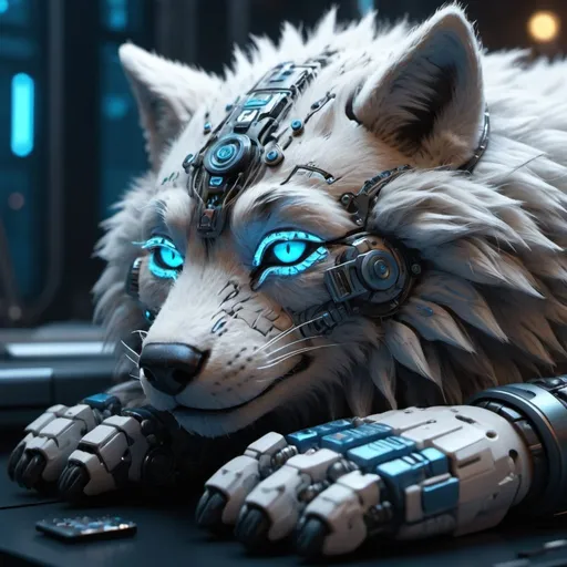 Prompt: Highly detailed wolfpunk scene cub sleeping, hyper-realistic 4K rendering, volumetric lighting, HD quality, futuristic cityscape backdrop, mechanical feline with intricate joints and circuit patterns, cool-toned futuristic atmosphere, detailed fur with lifelike textures, cyberpunk aesthetic, ultra-detailed, volumetric lighting, professional rendering, HD, 4K blue eyes sleeping fluffy