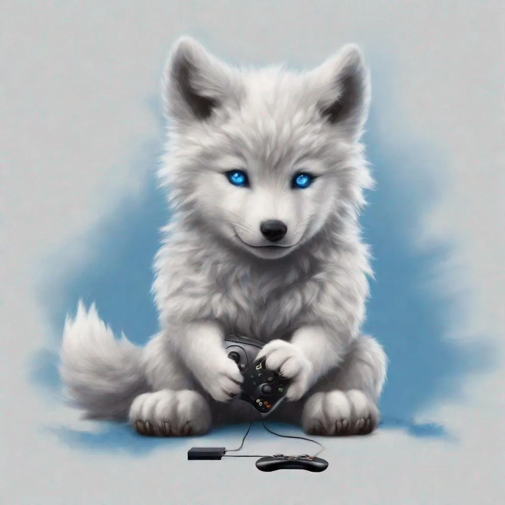 Prompt: fluffy blue wolf cub with Xbox controller white) background hyper realistic make sure there is a white background and the wolf cub is fluffy with a Xbox controller