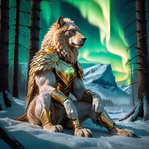 Prompt: wild Griffin warrior siting in hyper realistic fantasy forest future seen with gold northern lights above the wild Griffin warrior ice element
