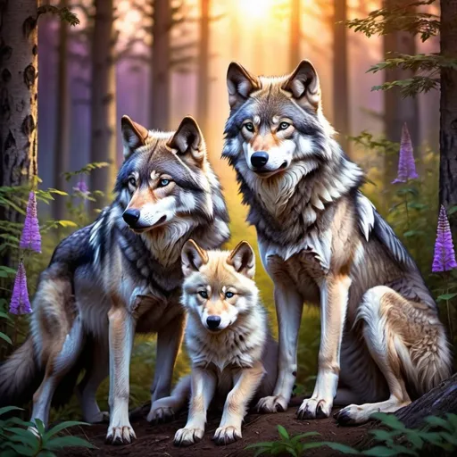 Prompt: Detailed illustration of a majestic wolves with accents of purple and blue wolves and two cubs in a lush forest clearing at sunset, warm and vibrant color tones, high quality, realistic, detailed fur, serene atmosphere, focused mother wolves, peaceful sunset, sleepy cub, sitting cub, forest setting, natural lighting lots of flowers around the wolves all of the wolves have accents of purple and blue and gold eyes the wolves