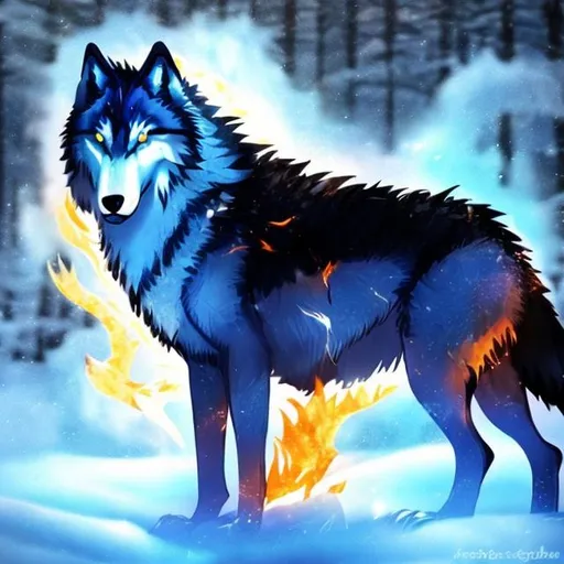 Prompt: a fire and ice wolf