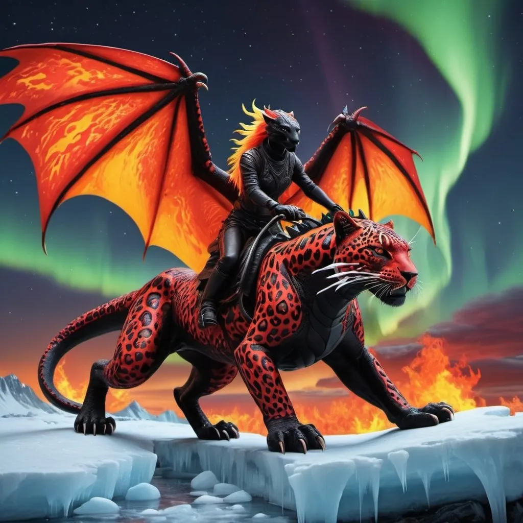 Prompt: black and red leopard riding a orange and yellow fire dragon with some ice and northern lights detailed hyper realistic the black and red leopard and the dragon are in the sky the fire dragon has wings and a dragon tail make sure it has two dragon wings and one tail the black and red leopard is riding the dragon there should be no blue green or purple. northern lights in the sky
