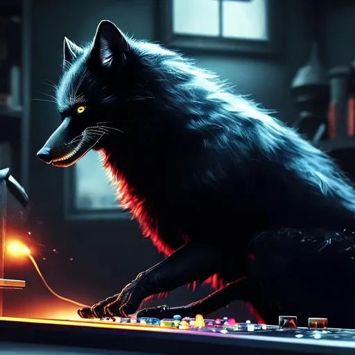 Prompt: Detailed, realistic digital painting of a black fox playing video games, intricate fur with subtle highlights, intense and focused gaze, high-tech gaming setup, cozy and dimly lit room, high resolution, realistic, detailed fur, focused expression, digital painting, cozy lighting, gaming setup, professional, realistic lighting