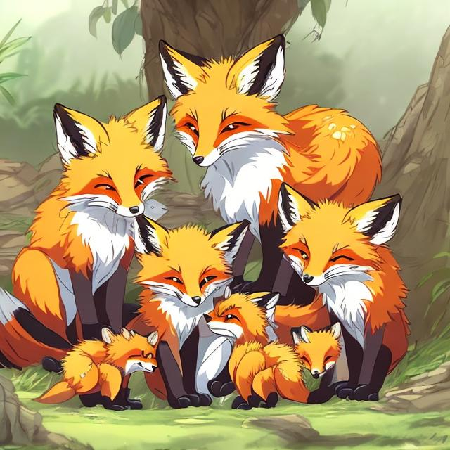 Prompt: a fox and its cubs in its den lots of detail anime